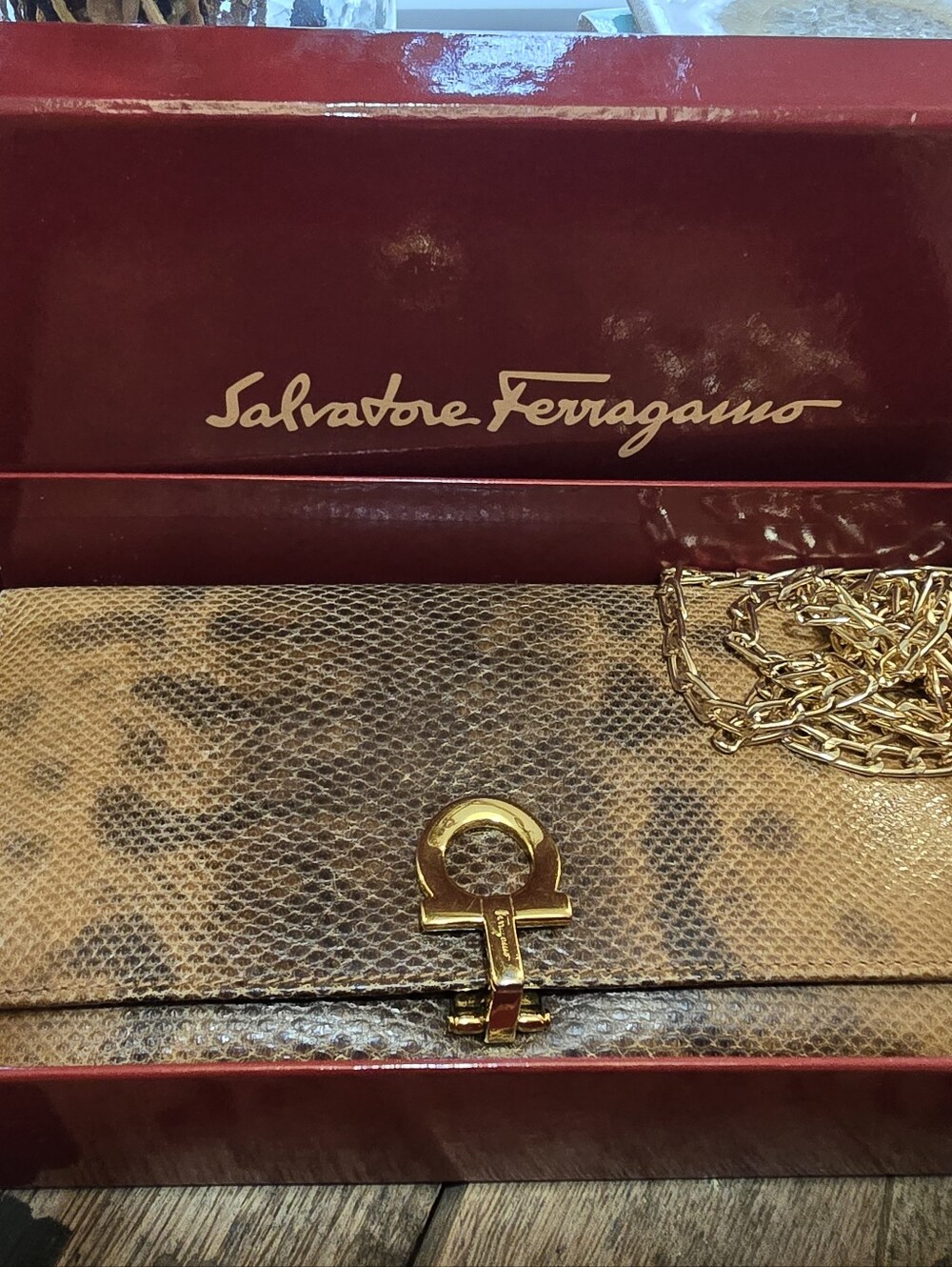 Salvatore Ferragamo Gold Chain Snakeskin Shoulder Bag/Wallet.